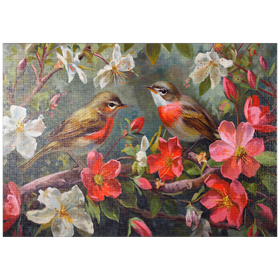 Darstellung des Puzzle-Motivs Rotkehlchen inmitten von Frühlingsblüten – Puzzleteile: 1000