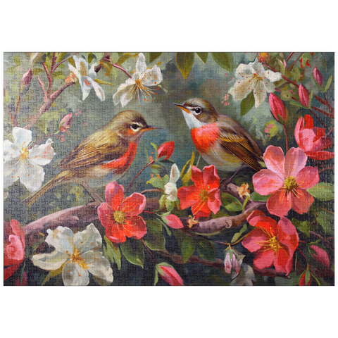 Darstellung des Puzzle Motivs Rotkehlchen inmitten von Frühlingsblüten puzzleplate Red-throated Birds Amid Spring Blossoms 1000 Puzzle