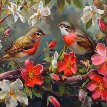Darstellung des Puzzle Motivs Red-throated Birds Amid Spring Blossoms 1000 Puzzle 3D Modell
