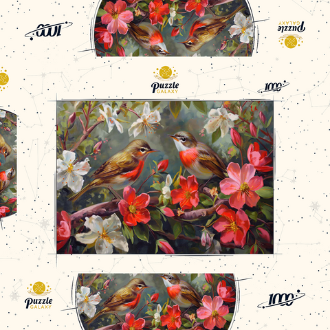 Darstellung des Puzzle Motivs Rotkehlchen inmitten von Frühlingsblüten Red-throated Birds Amid Spring Blossoms 1000 Puzzle Schachtel 3D Modell