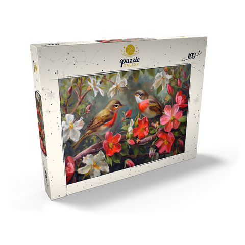 Darstellung des Puzzle Motivs Rotkehlchen inmitten von Frühlingsblüten Red-throated Birds Amid Spring Blossoms 100 Puzzle Schachtel Ansicht2