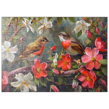 Darstellung des Puzzle Motivs puzzleplate Red-throated Birds Amid Spring Blossoms 100 Puzzle