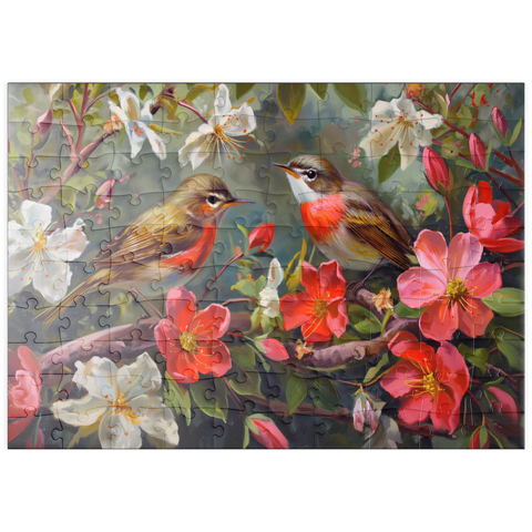 Darstellung des Puzzle Motivs Rotkehlchen inmitten von Frühlingsblüten puzzleplate Red-throated Birds Amid Spring Blossoms 100 Puzzle