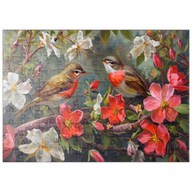 Darstellung des Puzzle Motivs Rotkehlchen inmitten von Frühlingsblüten - Puzzleteile: 100