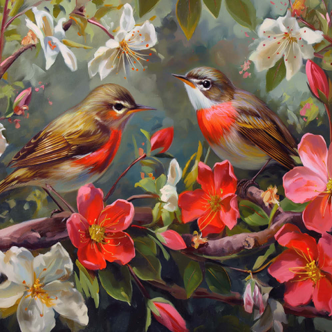 Darstellung des Puzzle Motivs Rotkehlchen inmitten von Frühlingsblüten Red-throated Birds Amid Spring Blossoms 100 Puzzle 3D Modell
