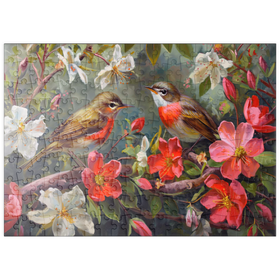 Darstellung des Puzzle-Motivs Rotkehlchen inmitten von Frühlingsblüten – Puzzleteile: 200