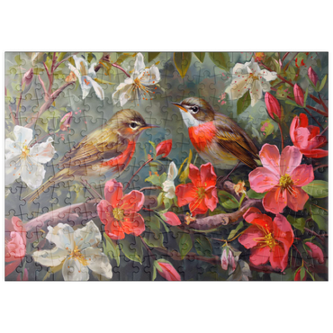 Darstellung des Puzzle Motivs puzzleplate Red-throated Birds Amid Spring Blossoms 200 Puzzle