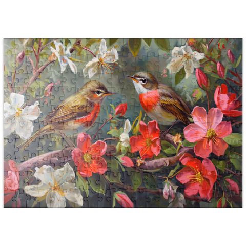 Darstellung des Puzzle Motivs Rotkehlchen inmitten von Frühlingsblüten puzzleplate Red-throated Birds Amid Spring Blossoms 200 Puzzle