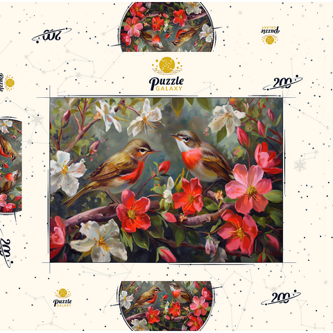 Darstellung des Puzzle Motivs Rotkehlchen inmitten von Frühlingsblüten Red-throated Birds Amid Spring Blossoms 200 Puzzle Schachtel 3D Modell