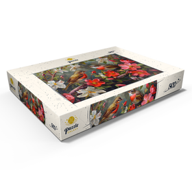 Darstellung des Puzzle Motivs Rotkehlchen inmitten von Frühlingsblüten - Puzzleteile: 500
