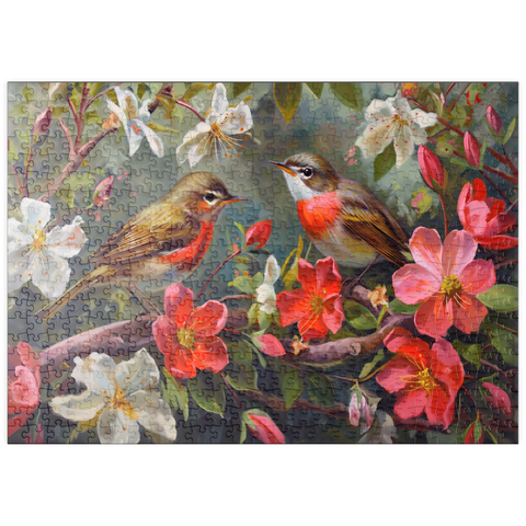 Darstellung des Puzzle Motivs Rotkehlchen inmitten von Frühlingsblüten puzzleplate Red-throated Birds Amid Spring Blossoms 500 Puzzle
