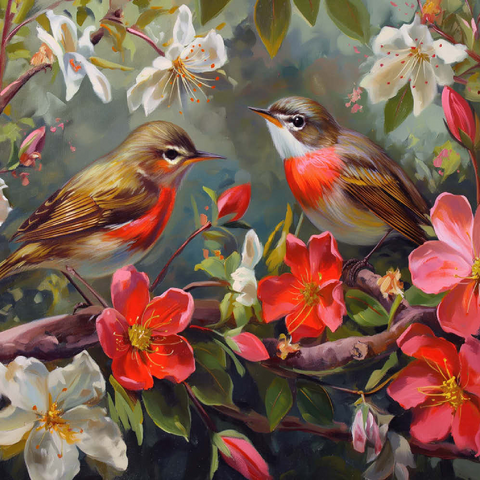 Darstellung des Puzzle Motivs Rotkehlchen inmitten von Frühlingsblüten Red-throated Birds Amid Spring Blossoms 500 Puzzle 3D Modell