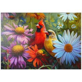 Darstellung des Puzzle-Motivs Nördliches Kardinalpaar unter Wildblumen – Puzzleteile: 1000