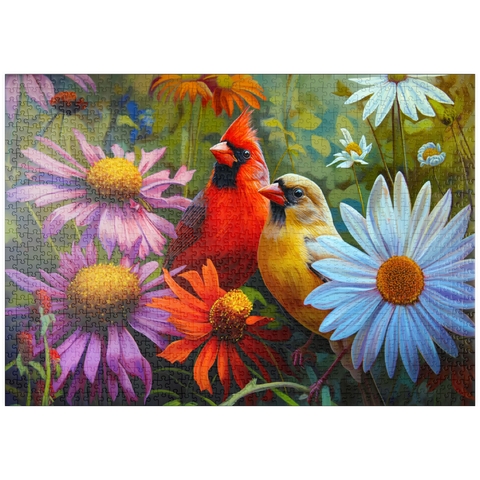 puzzleplate Northern Cardinal Pair Among Wildflowers 1000 Puzzle