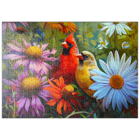 Darstellung des Puzzle Motivs Nördliches Kardinalpaar unter Wildblumen - Puzzleteile: 200