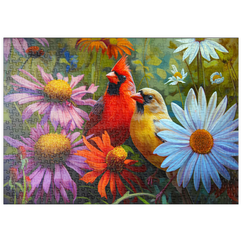 puzzleplate Northern Cardinal Pair Among Wildflowers 500 Puzzle