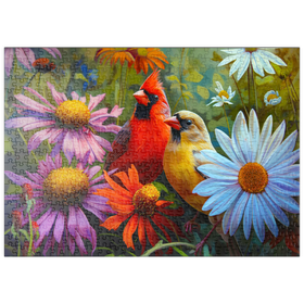 Darstellung des Puzzle Motivs Nördliches Kardinalpaar unter Wildblumen - Puzzleteile: 500