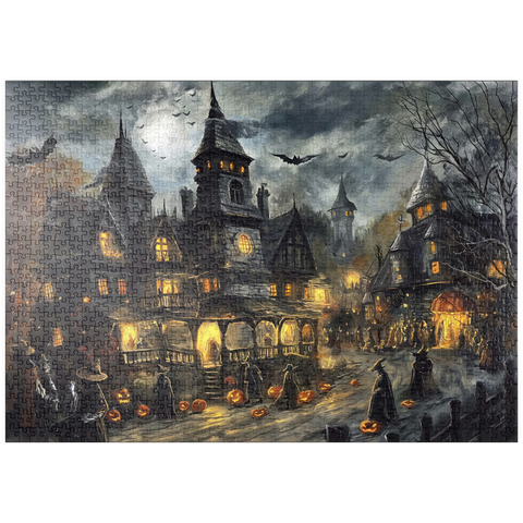Darstellung des Puzzle Motivs Gespensterdorf bei Vollmond puzzleplate Haunted Village Under Full Moon 1000 Puzzle