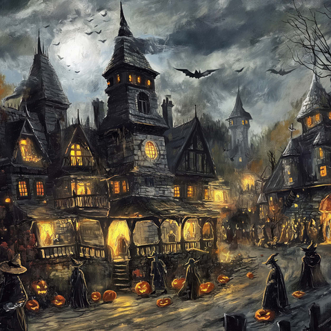 Darstellung des Puzzle Motivs Gespensterdorf bei Vollmond Haunted Village Under Full Moon 1000 Puzzle 3D Modell