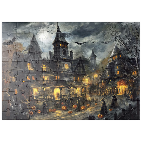 Darstellung des Puzzle Motivs Gespensterdorf bei Vollmond puzzleplate Haunted Village Under Full Moon 100 Puzzle