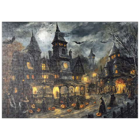Darstellung des Puzzle Motivs Gespensterdorf bei Vollmond puzzleplate Haunted Village Under Full Moon 500 Puzzle