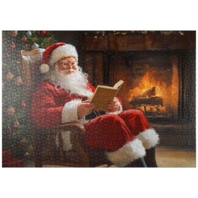 Darstellung des Puzzle-Motivs Weihnachtsmann entspannt am Kamin – Puzzleteile: 1000