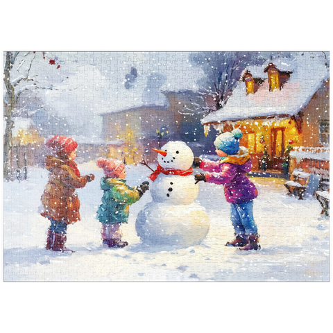 Darstellung des Puzzle Motivs Kinder bauen Schneemann im Winterdorf puzzleplate Children Building Snowman in Winter Village 1000 Puzzle