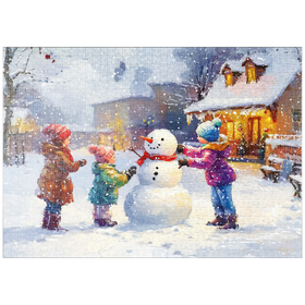 Darstellung des Puzzle Motivs Kinder bauen Schneemann im Winterdorf - Puzzleteile: 1000