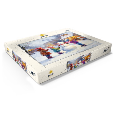 Darstellung des Puzzle Motivs Children Building Snowman in Winter Village 100 Puzzle Schachtel Ansicht1