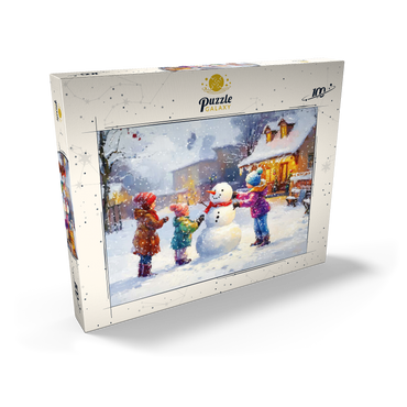 Darstellung des Puzzle Motivs Children Building Snowman in Winter Village 100 Puzzle Schachtel Ansicht2