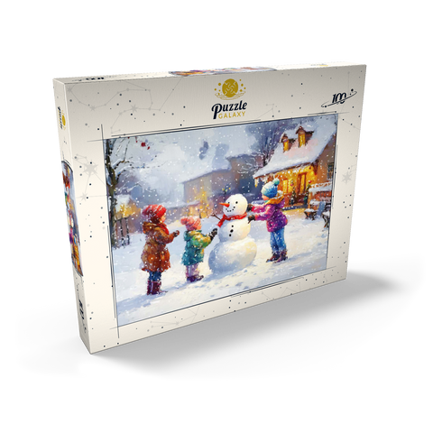 Darstellung des Puzzle Motivs Kinder bauen Schneemann im Winterdorf Children Building Snowman in Winter Village 100 Puzzle Schachtel Ansicht2