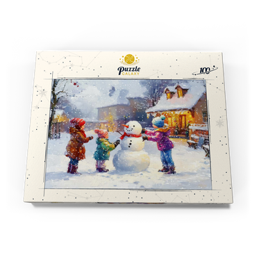 Darstellung des Puzzle Motivs Children Building Snowman in Winter Village 100 Puzzle Schachtel Ansicht3