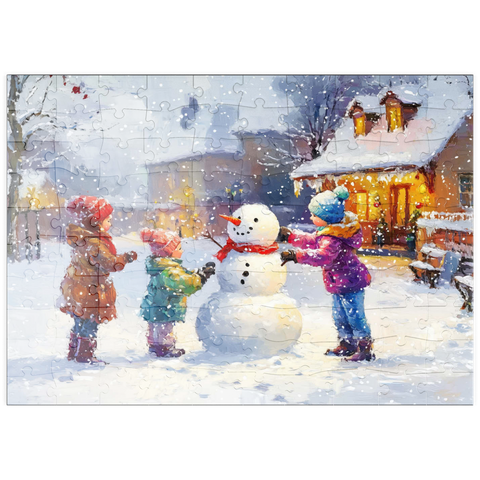 Darstellung des Puzzle Motivs Kinder bauen Schneemann im Winterdorf puzzleplate Children Building Snowman in Winter Village 100 Puzzle