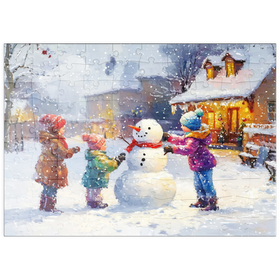 Darstellung des Puzzle Motivs Kinder bauen Schneemann im Winterdorf - Puzzleteile: 100