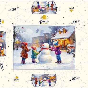 Darstellung des Puzzle Motivs Children Building Snowman in Winter Village 100 Puzzle Schachtel 3D Modell