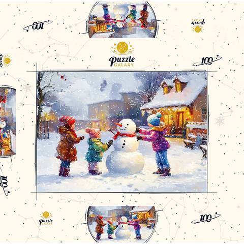Darstellung des Puzzle Motivs Kinder bauen Schneemann im Winterdorf Children Building Snowman in Winter Village 100 Puzzle Schachtel 3D Modell