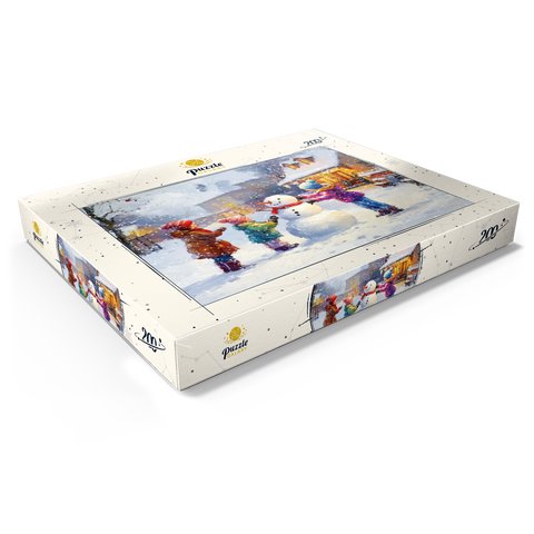 Darstellung des Puzzle Motivs Kinder bauen Schneemann im Winterdorf Children Building Snowman in Winter Village 200 Puzzle Schachtel Ansicht1