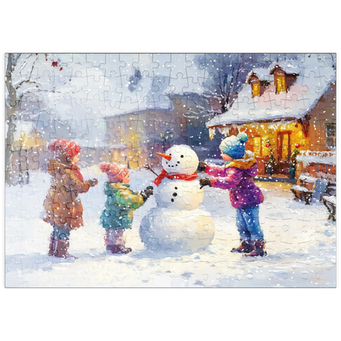 Darstellung des Puzzle Motivs Kinder bauen Schneemann im Winterdorf puzzleplate Children Building Snowman in Winter Village 200 Puzzle