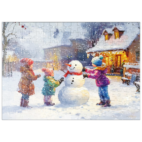 Darstellung des Puzzle Motivs Kinder bauen Schneemann im Winterdorf - Puzzleteile: 200