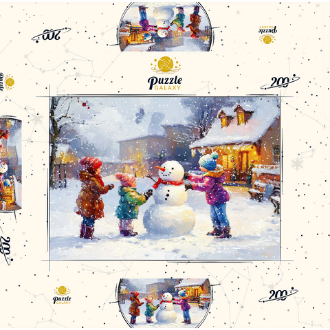 Darstellung des Puzzle Motivs Kinder bauen Schneemann im Winterdorf Children Building Snowman in Winter Village 200 Puzzle Schachtel 3D Modell