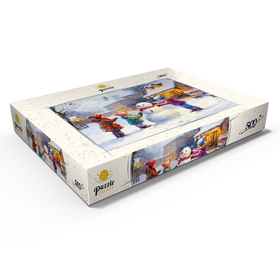 Darstellung des Puzzle Motivs Kinder bauen Schneemann im Winterdorf - Puzzleteile: 500