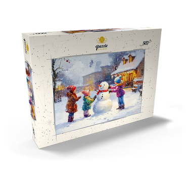 Darstellung des Puzzle Motivs Children Building Snowman in Winter Village 500 Puzzle Schachtel Ansicht2