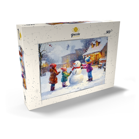 Darstellung des Puzzle Motivs Kinder bauen Schneemann im Winterdorf Children Building Snowman in Winter Village 500 Puzzle Schachtel Ansicht2