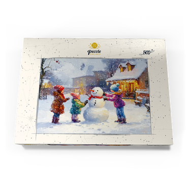 Darstellung des Puzzle Motivs Children Building Snowman in Winter Village 500 Puzzle Schachtel Ansicht3