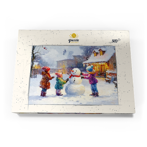 Darstellung des Puzzle Motivs Kinder bauen Schneemann im Winterdorf Children Building Snowman in Winter Village 500 Puzzle Schachtel Ansicht3