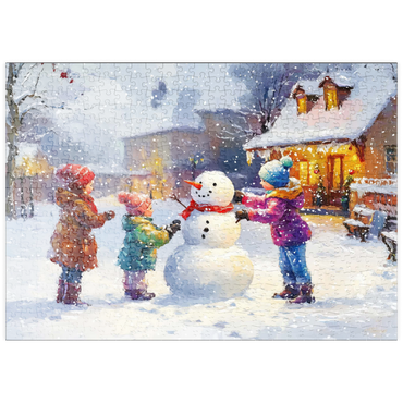 Darstellung des Puzzle Motivs puzzleplate Children Building Snowman in Winter Village 500 Puzzle