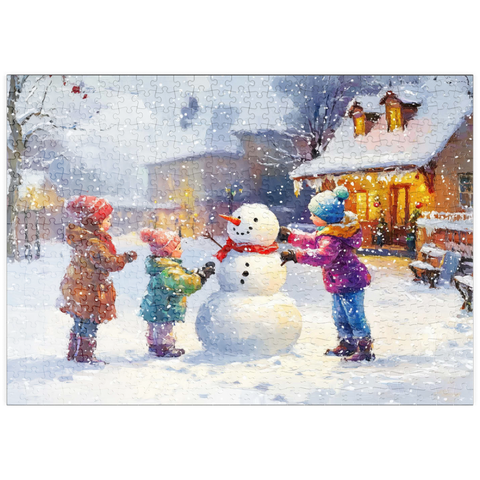 Darstellung des Puzzle Motivs Kinder bauen Schneemann im Winterdorf puzzleplate Children Building Snowman in Winter Village 500 Puzzle