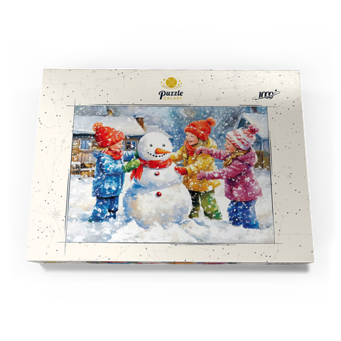 Darstellung des Puzzle Motivs Kinder dekorieren Schneemann im verschneiten Hinterhof Kids Decorating Snowman in Snowy Backyard 1000 Puzzle Schachtel Ansicht3