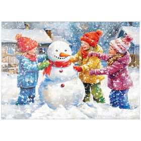 Darstellung des Puzzle-Motivs Kinder dekorieren Schneemann im verschneiten Hinterhof – Puzzleteile: 1000