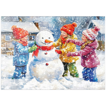 Darstellung des Puzzle Motivs puzzleplate Kids Decorating Snowman in Snowy Backyard 1000 Puzzle